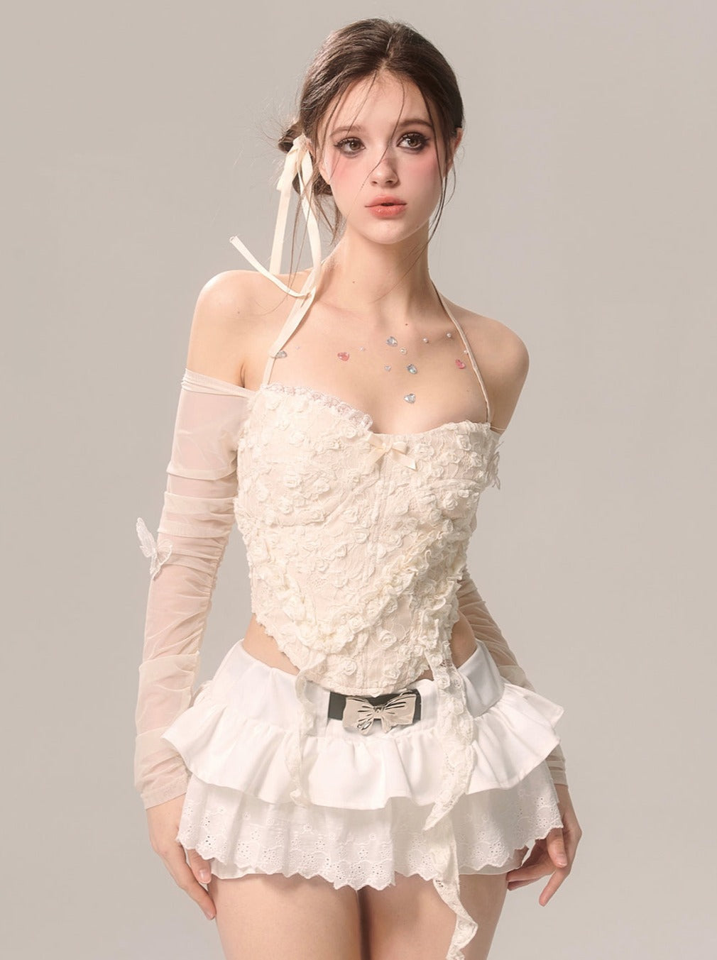 パールリボンスカート ホワイトフレンチパンツ レースフレア ホワイトアイ