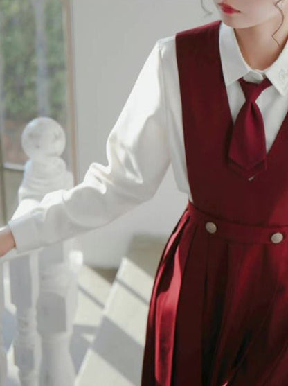 Prinzessinnen-Shirt, weiße Jacke, kurzes Kleid im V-Ausschnitt, College-Stil, schwarz, plissiert