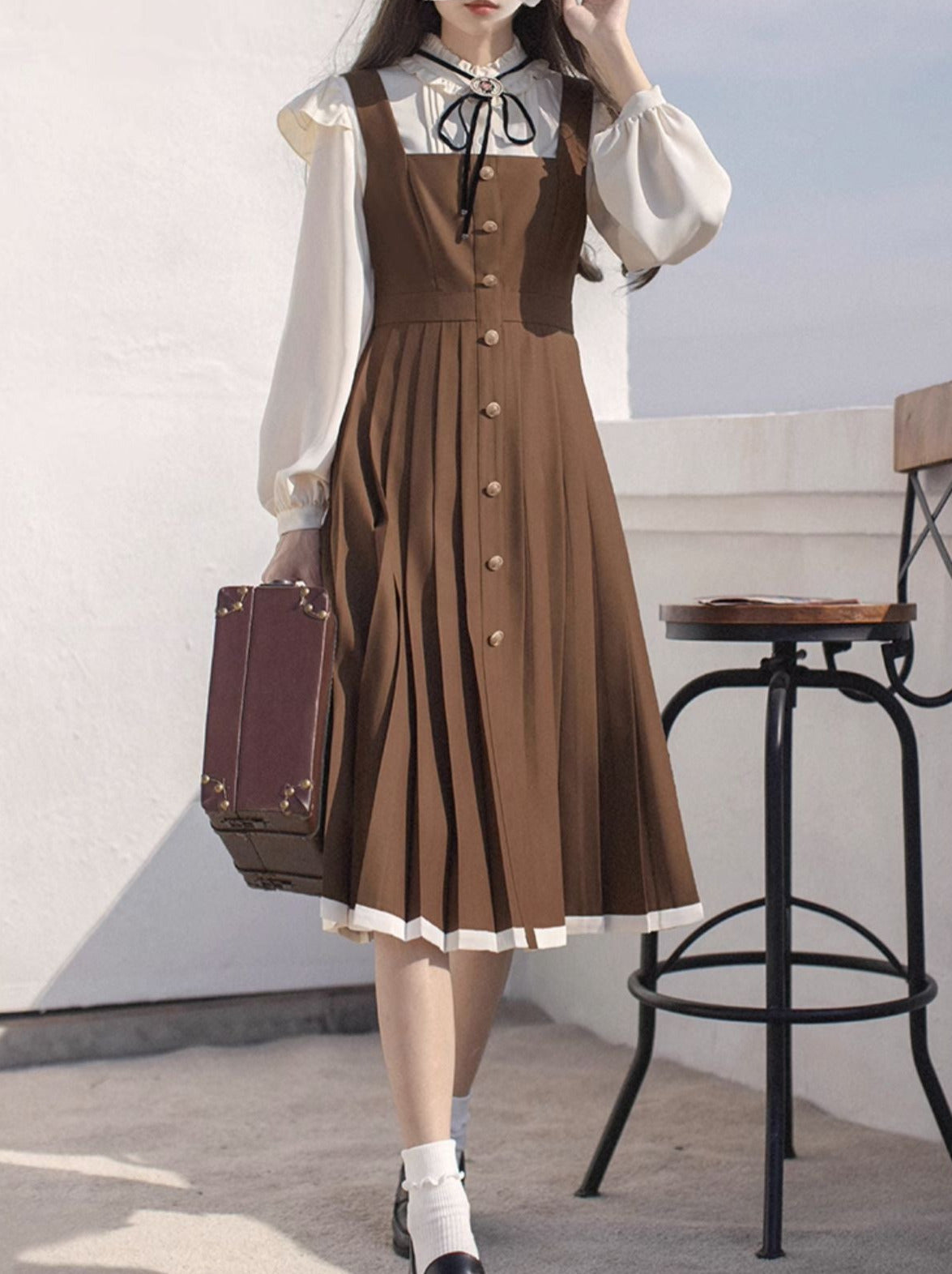 College-Kleid-Hemd, plissierter Hosenträger + Retro-Band, Zubehör, Ständer, Rüschenkragen