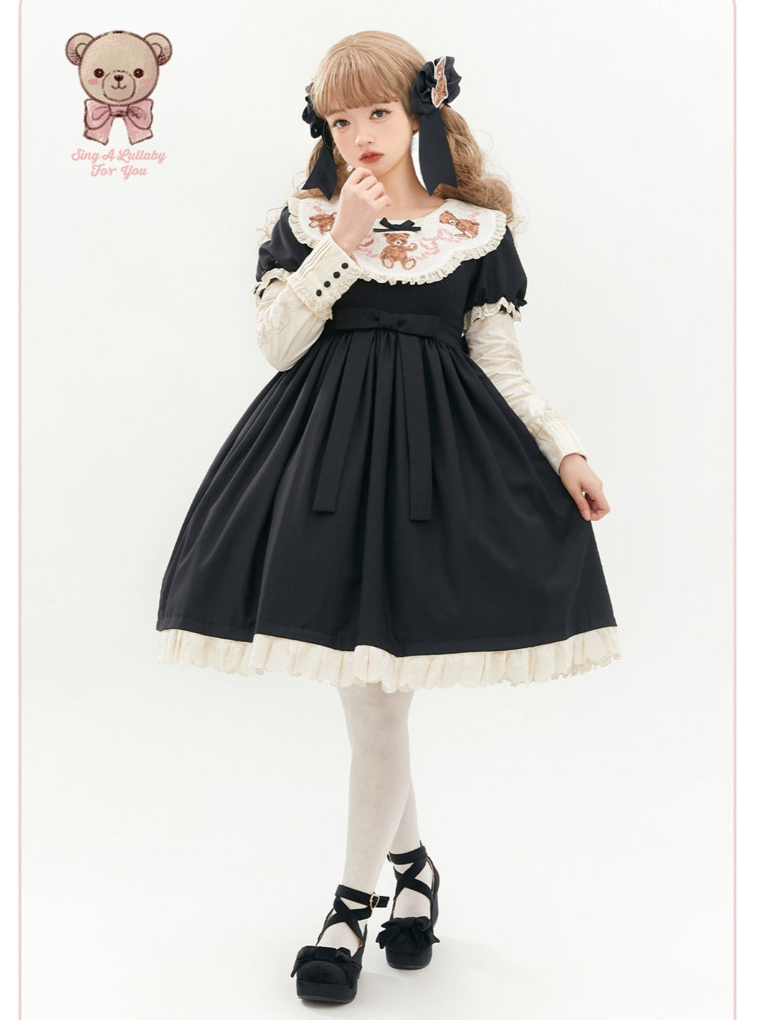 ロリータテディベアフラップレースパフスリーブリボンデレス