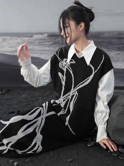 Knit Vest Flower Loose Contrast