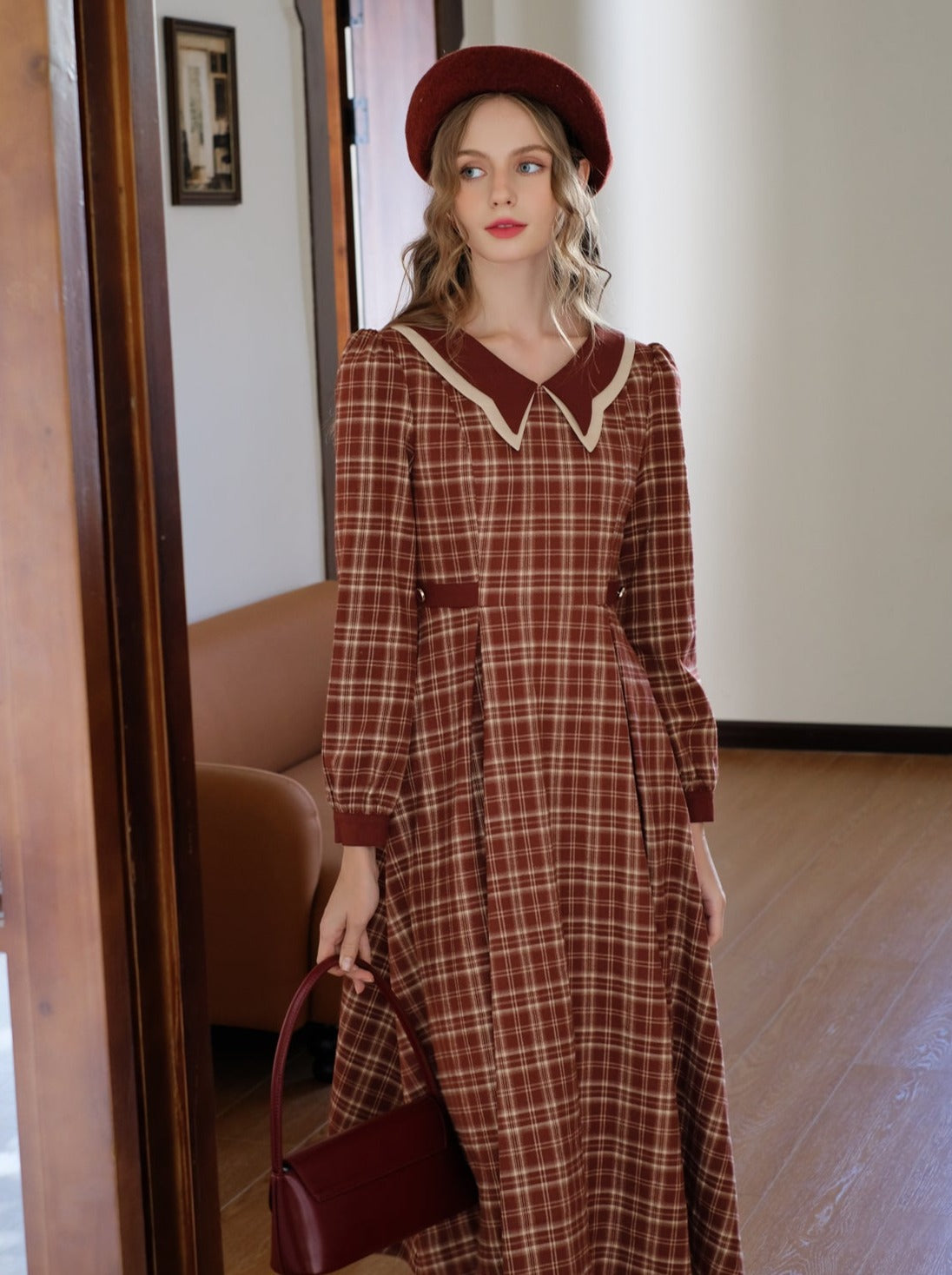 チェックドレス ラテ バタフライ レトロ ブラック ティーカラー フレンチ