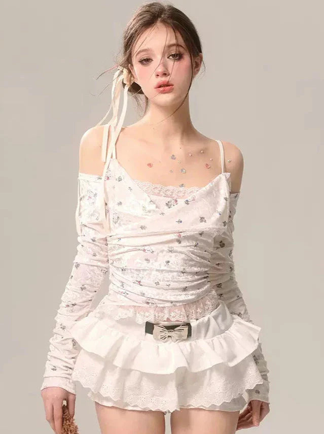 Long Velvet Off-Shoulder Floral Small Lace T Suspender