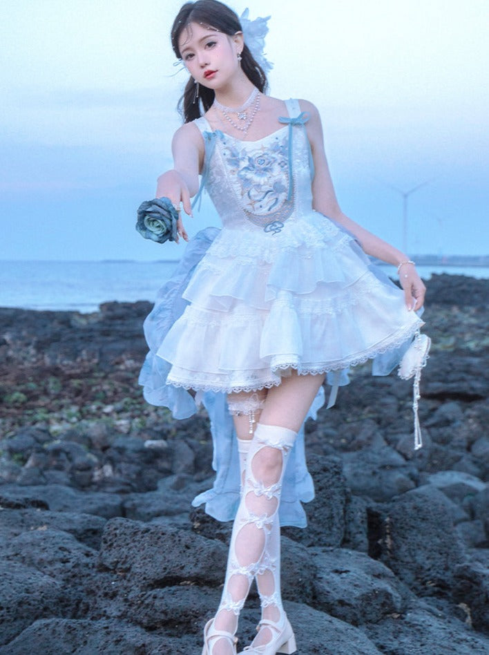 Robe transparente bleue à bretelles et style jupe de ballet à arêtes de poisson