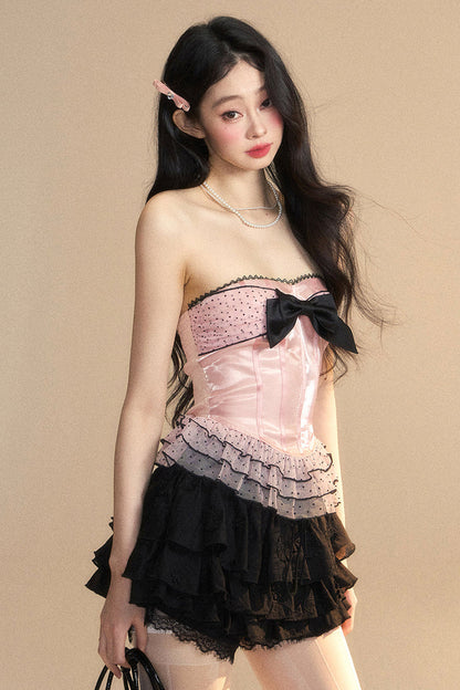 リボンレースリザーブメッシュチューブドットトップ