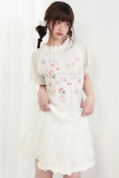 ラウンドネックハートフローラルトップス