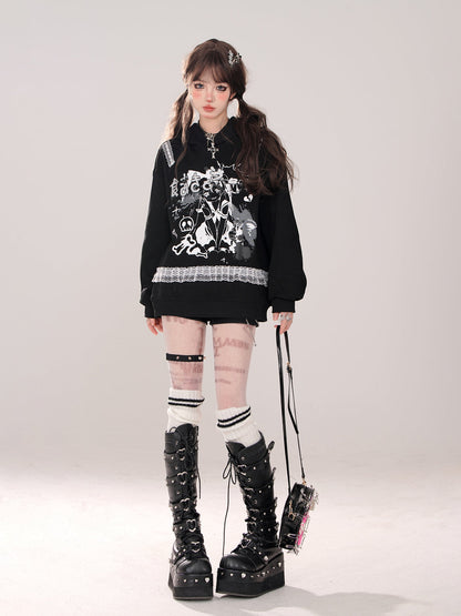 Hoodie Lace Print Design Comic Sweatshirt