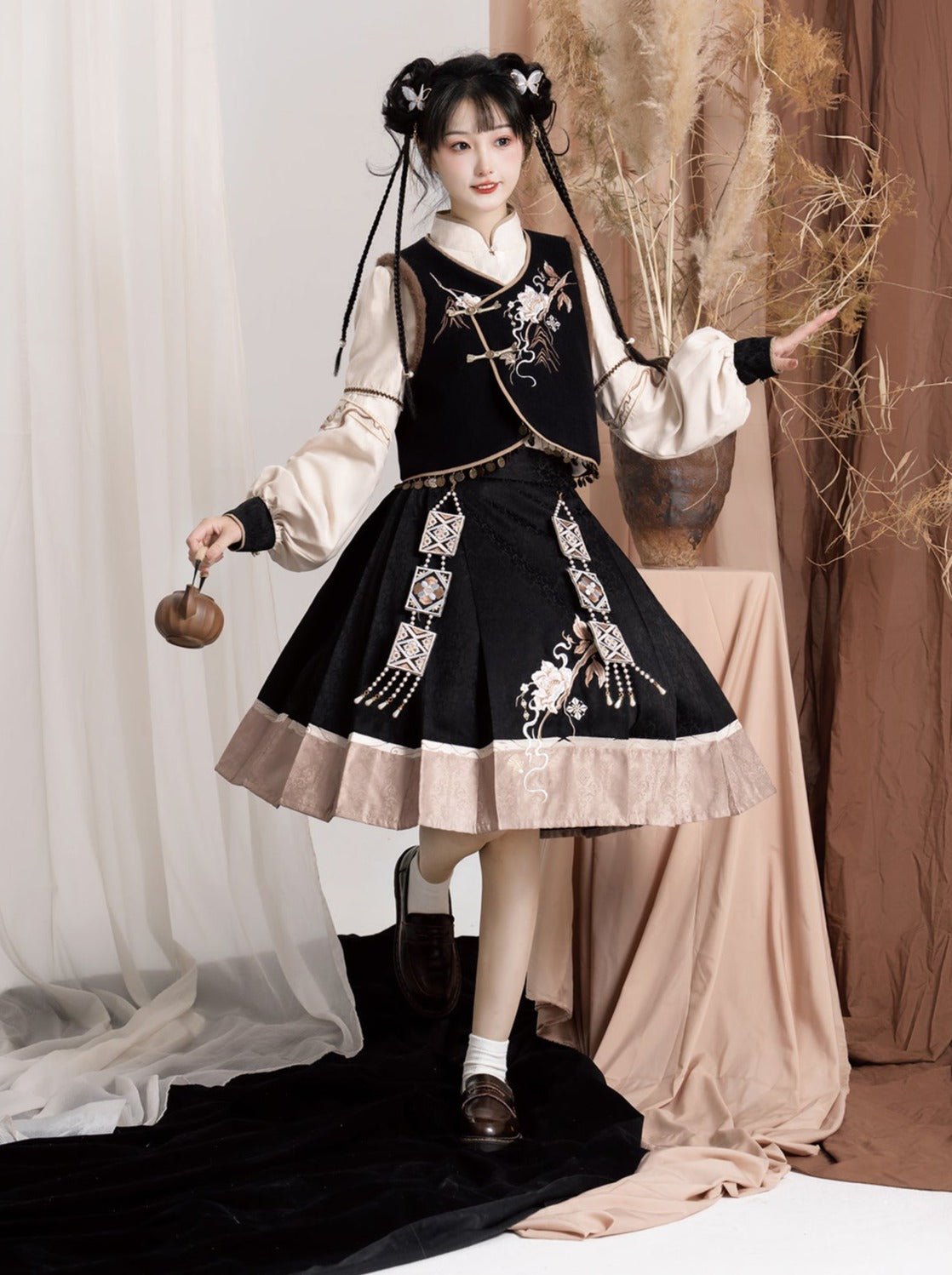 エキゾチックプラスブラウスベストフラワースリーブバッグショルダーバルーンフレアスカート