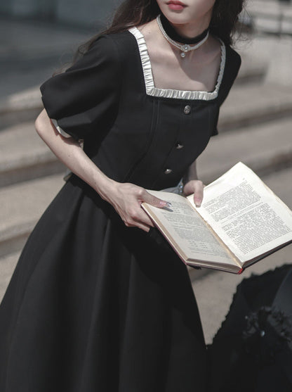 スクエアブラックパールウエストネックレスフレンチカラードレスブラックリボンキャットスーツレトロ