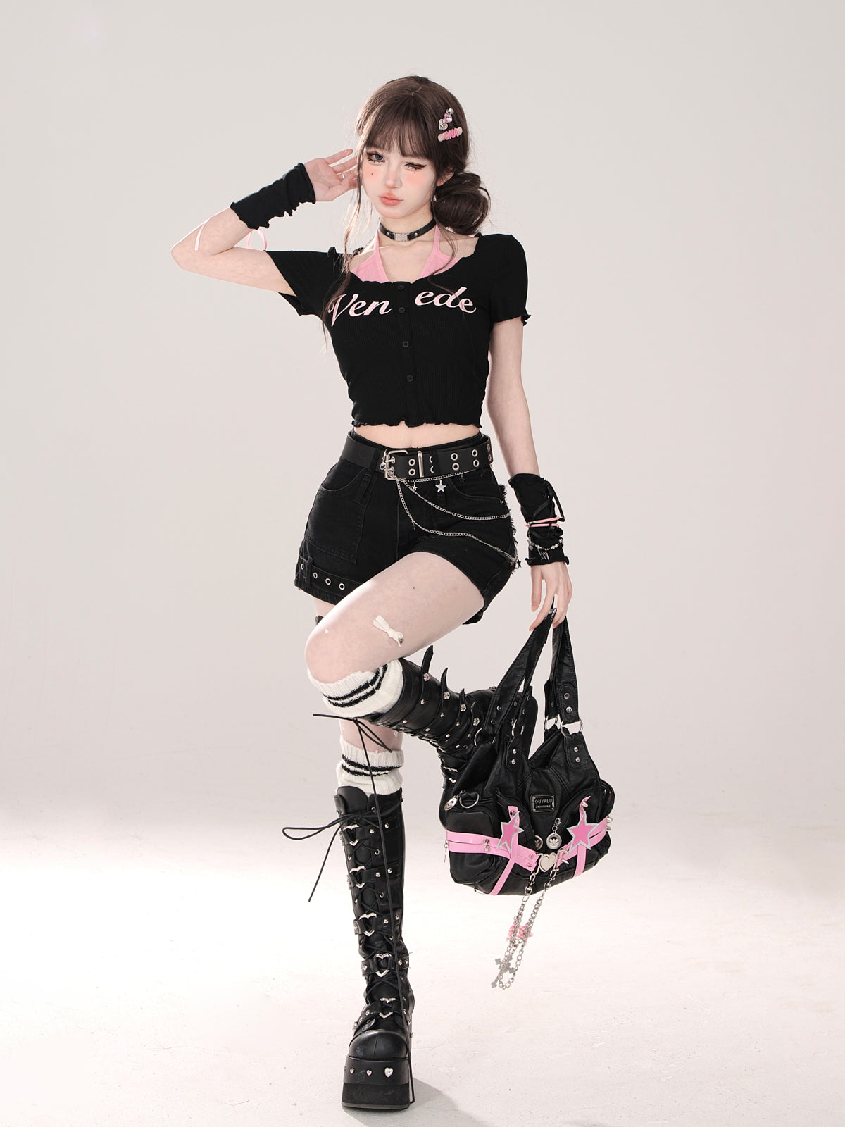 Faux Short Halter Neck U-neck T-shirt and two-piece