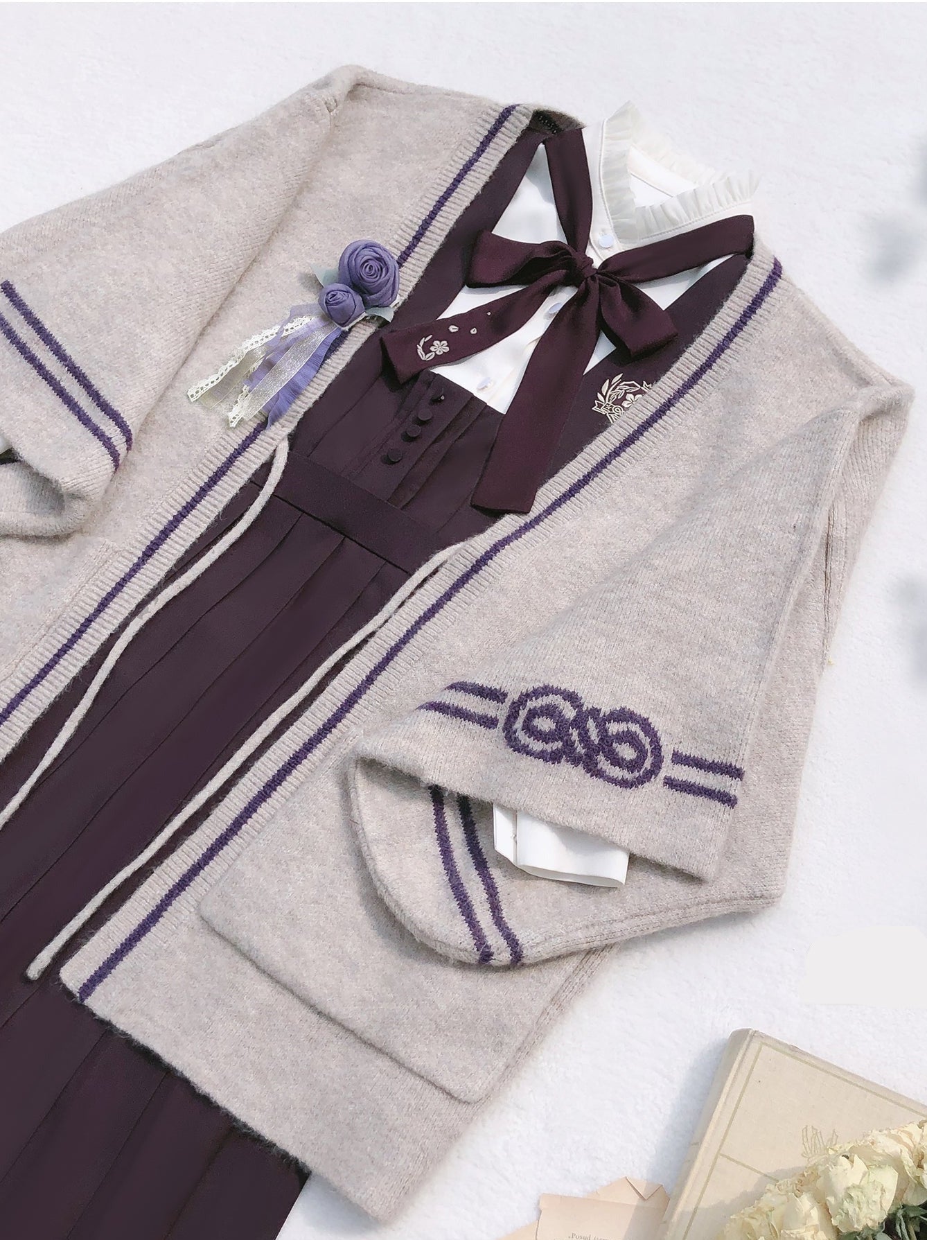 襟付きコサージュドレス レトロシャツベストカーディガン スタンドニット フリルスリーブ + 日本製リボン