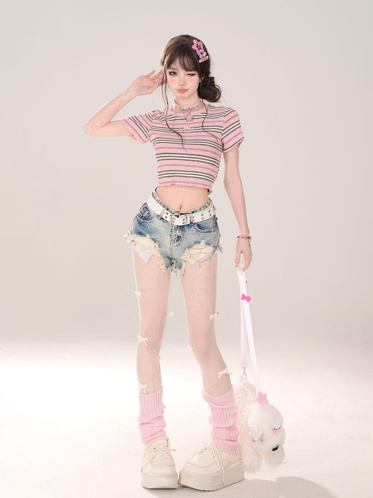 Short Pink T-Shirt Romantic Slim Stripe