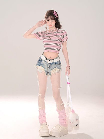 Short Pink T-Shirt Romantic Slim Stripe