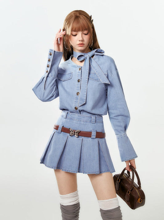 Pleated Denim Neck Shirt Ribbon Skirt