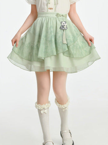 チャイナシャツスカートスリーブドレスパンダカンフーパフフーミント+シフォンセット