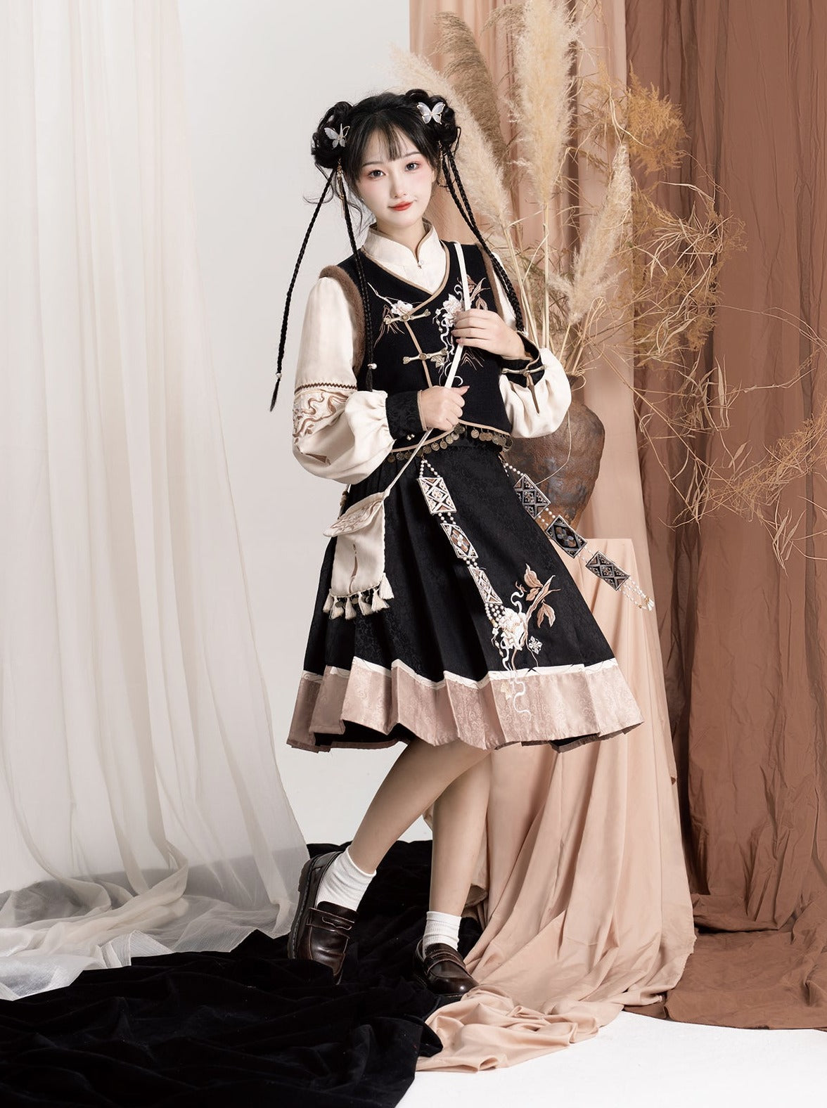 エキゾチックプラスブラウスベストフラワースリーブバッグショルダーバルーンフレアスカート