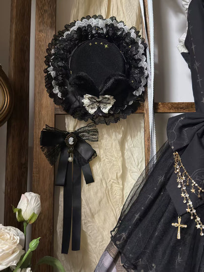 Black Cat Choir mini hat with lace and ribbon