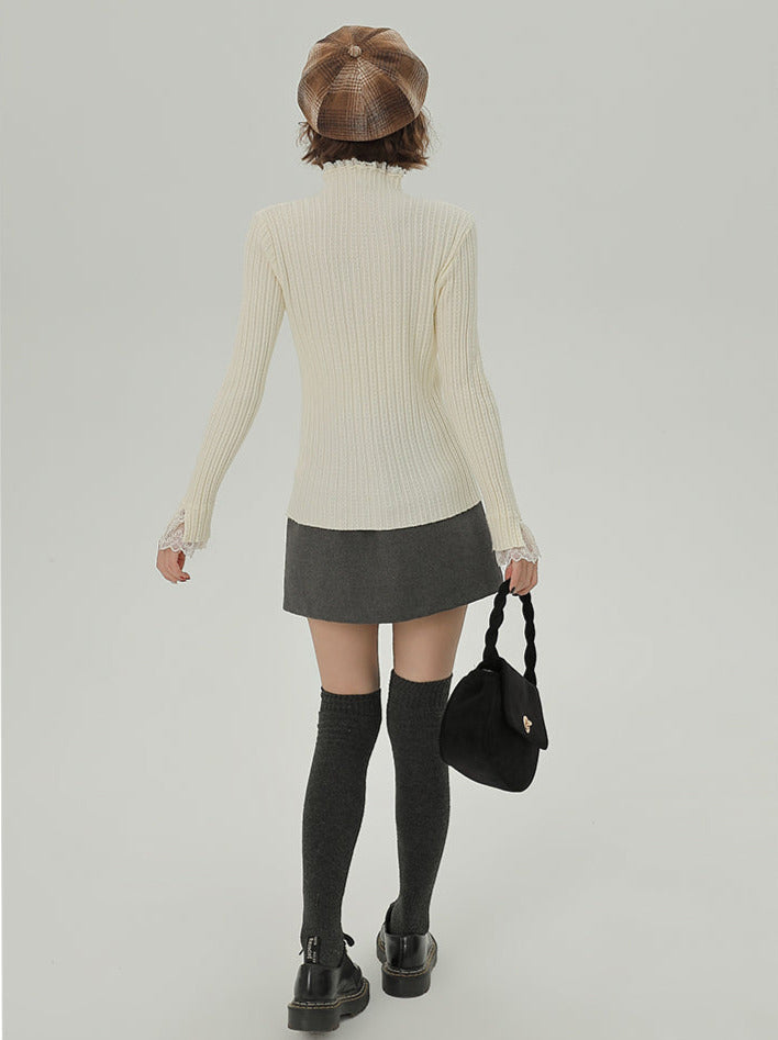 Knit Lace Turtleneck Half Splicing Top