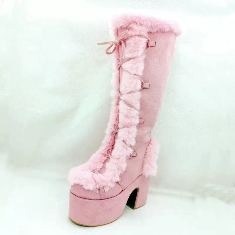 34-46 Y2K Snow Pu Fur Lace-up Thick Heel High Goth Platform Boots