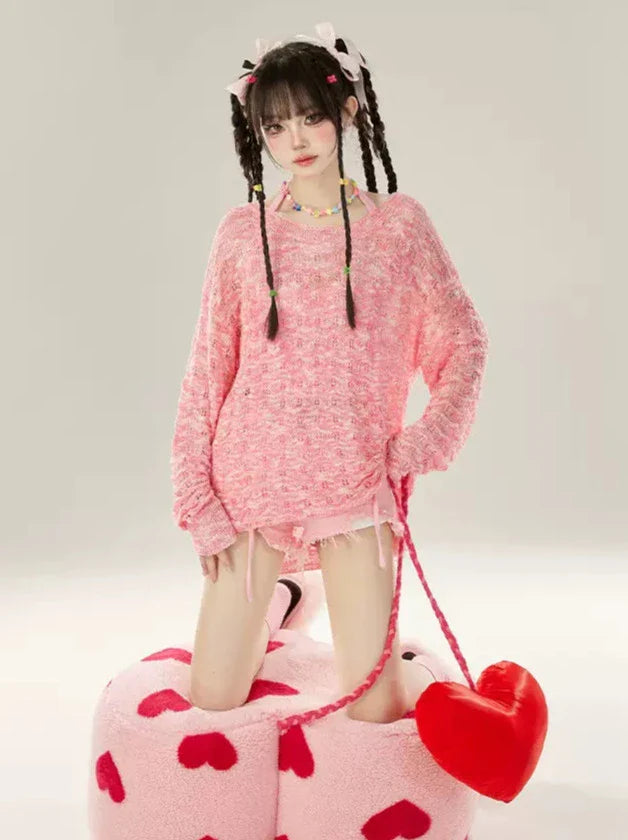 襟付きプルオーバーニット日焼け止めシースルーソールルーズ