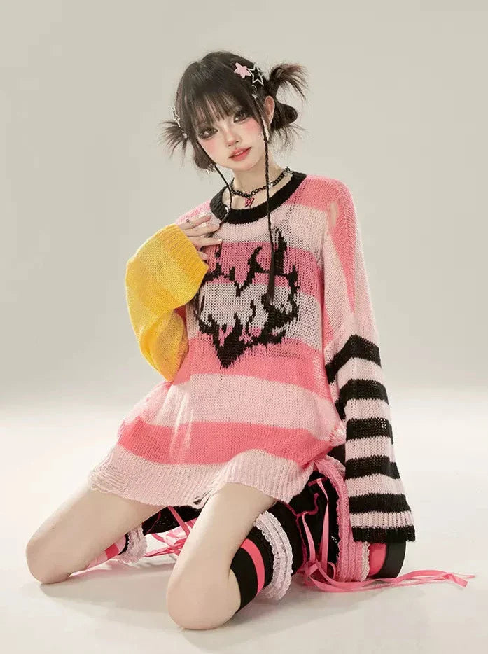 Striped Color Sheer Contrast Knit Pullover Asymmetrical Loose