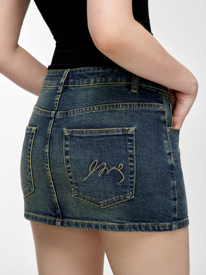 デニムデザインタイトショートロゴスカート