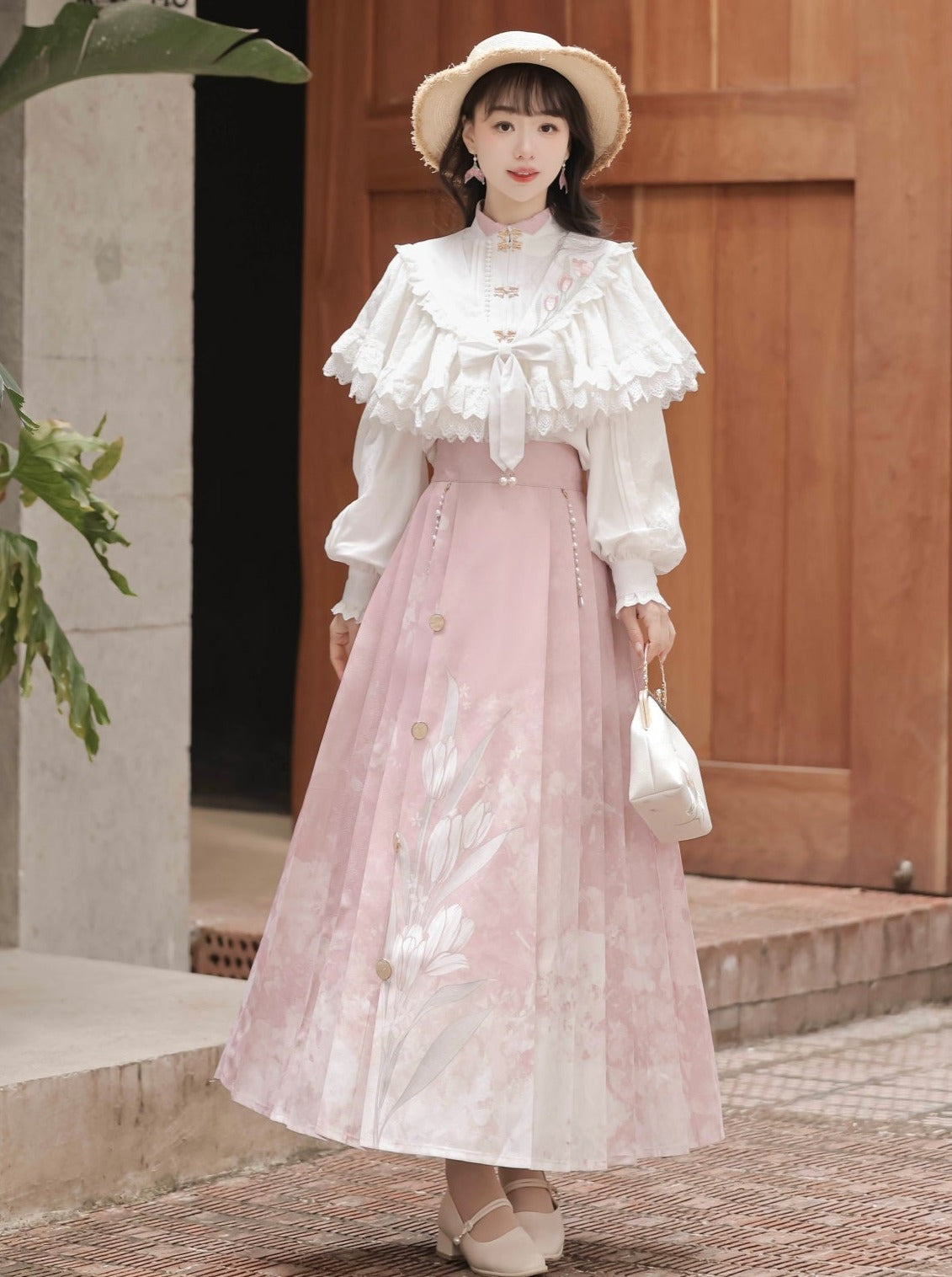 Bluse Plissee Schal Band Rock China + Süße Spitze Blumen