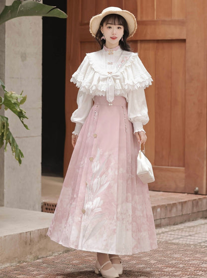 Bluse Plissee Schal Band Rock China + Süße Spitze Blumen