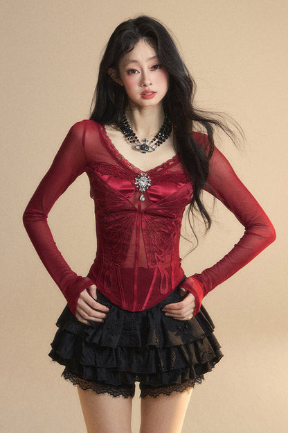 トップメッシュクランベリー 予約商品 オーストラリアンレース Vネック