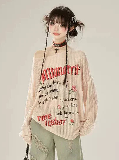 ニットアプリコットTロングプリントレターオフショルダーレイジー