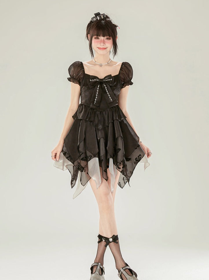 ノースリーブボウブラックパフリボンドレス