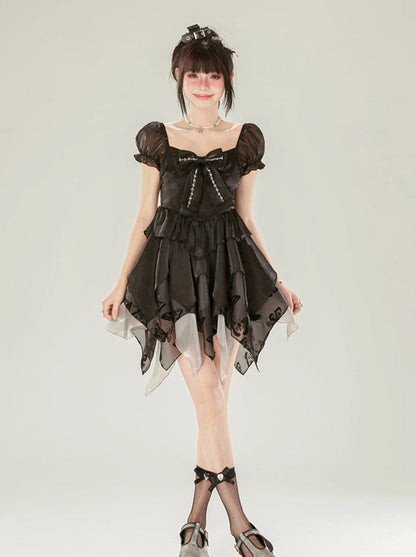 ノースリーブボウブラックパフリボンドレス