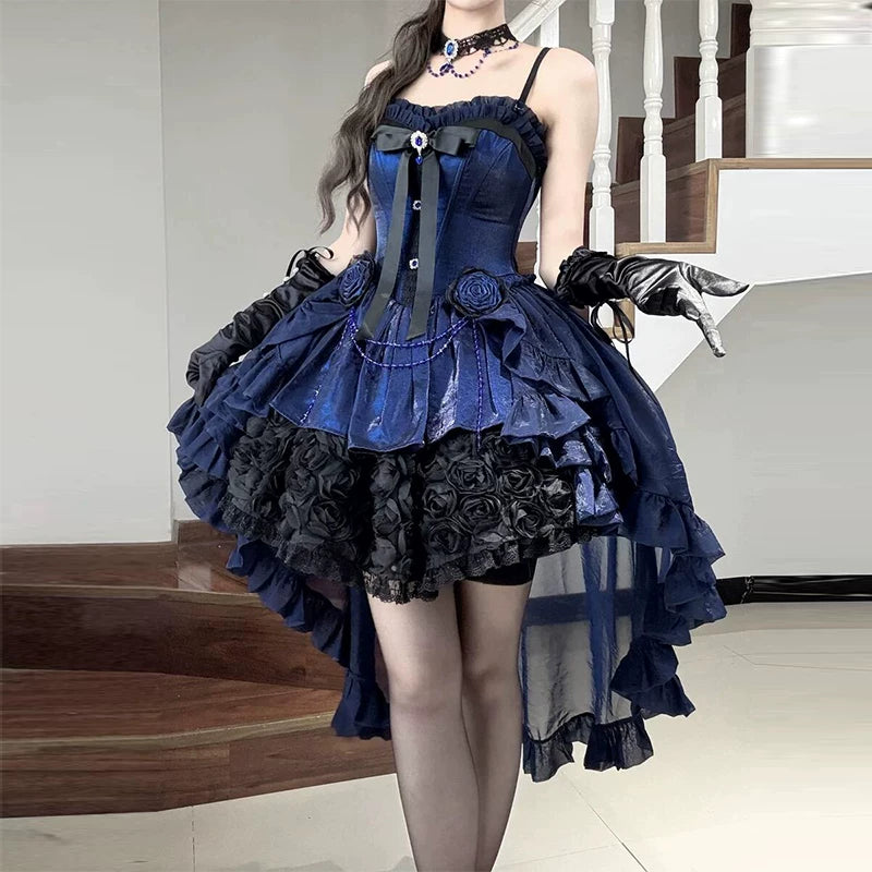 Blue dress with trailing skirt, front view on staircase