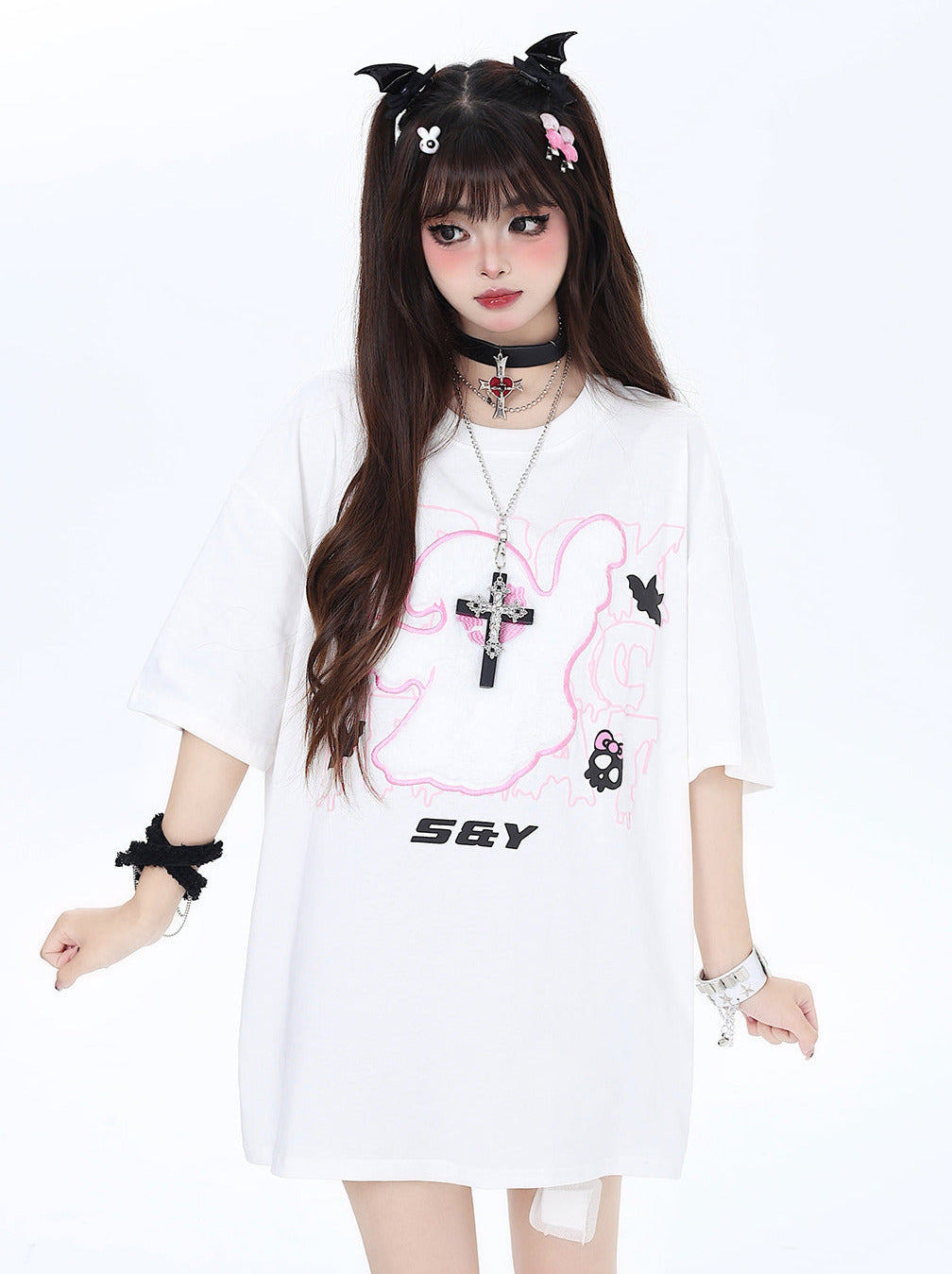 ルーズ刺繍ダークリトルTシャツゴースト