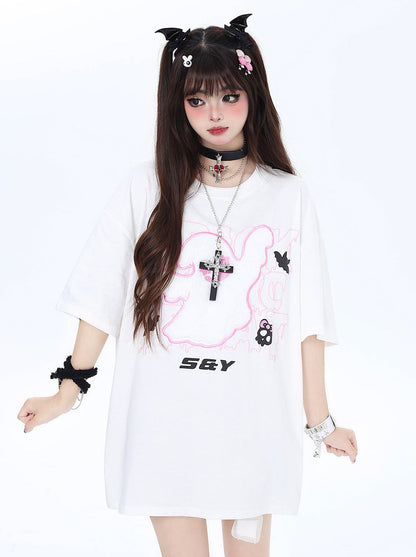 ルーズ刺繍ダークリトルTシャツゴースト