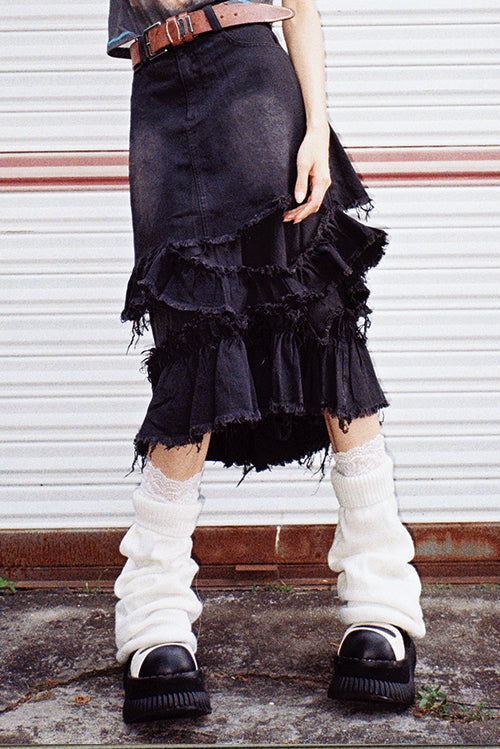 切りっぱなしミディデニムスカート