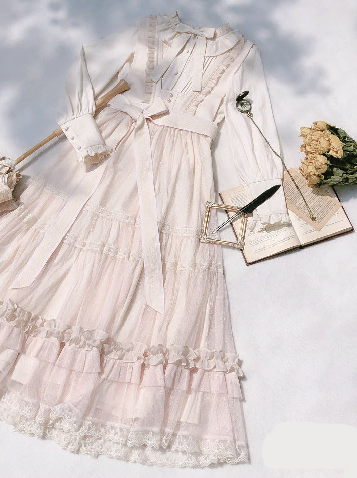 Gepunktetes Taillentop Lolita Rüschenband Leichtes Sommerkleidhemd Elegant + Spitzenband Süß