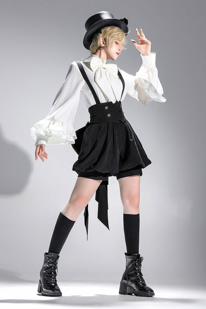 キュート+レトロショートパンツエレガントシャツリボンプリンス予約テールダーク