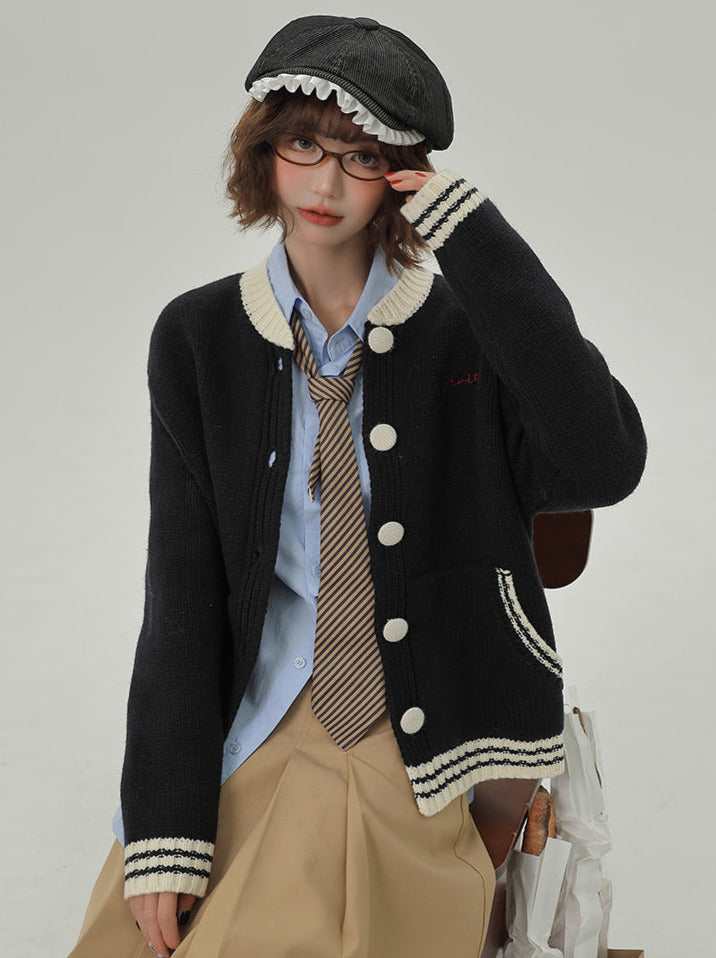 レイジーニットカーディガンカラーカレッジルーズスタンドスタイル