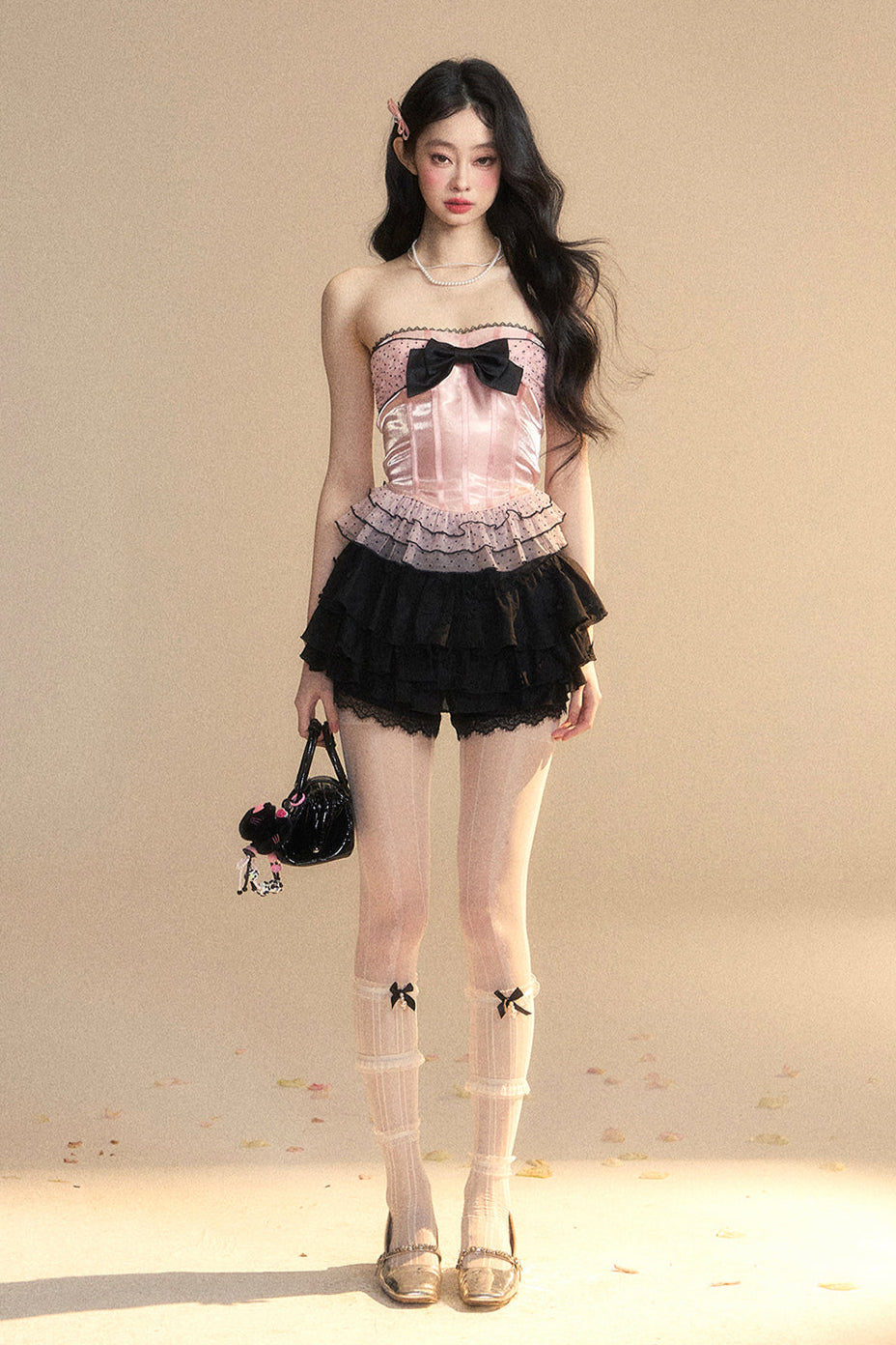 リボンレースリザーブメッシュチューブドットトップ