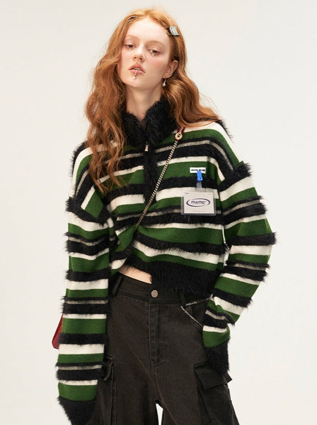 Zipper Half Turtleneck Polo Striped Short Sweater