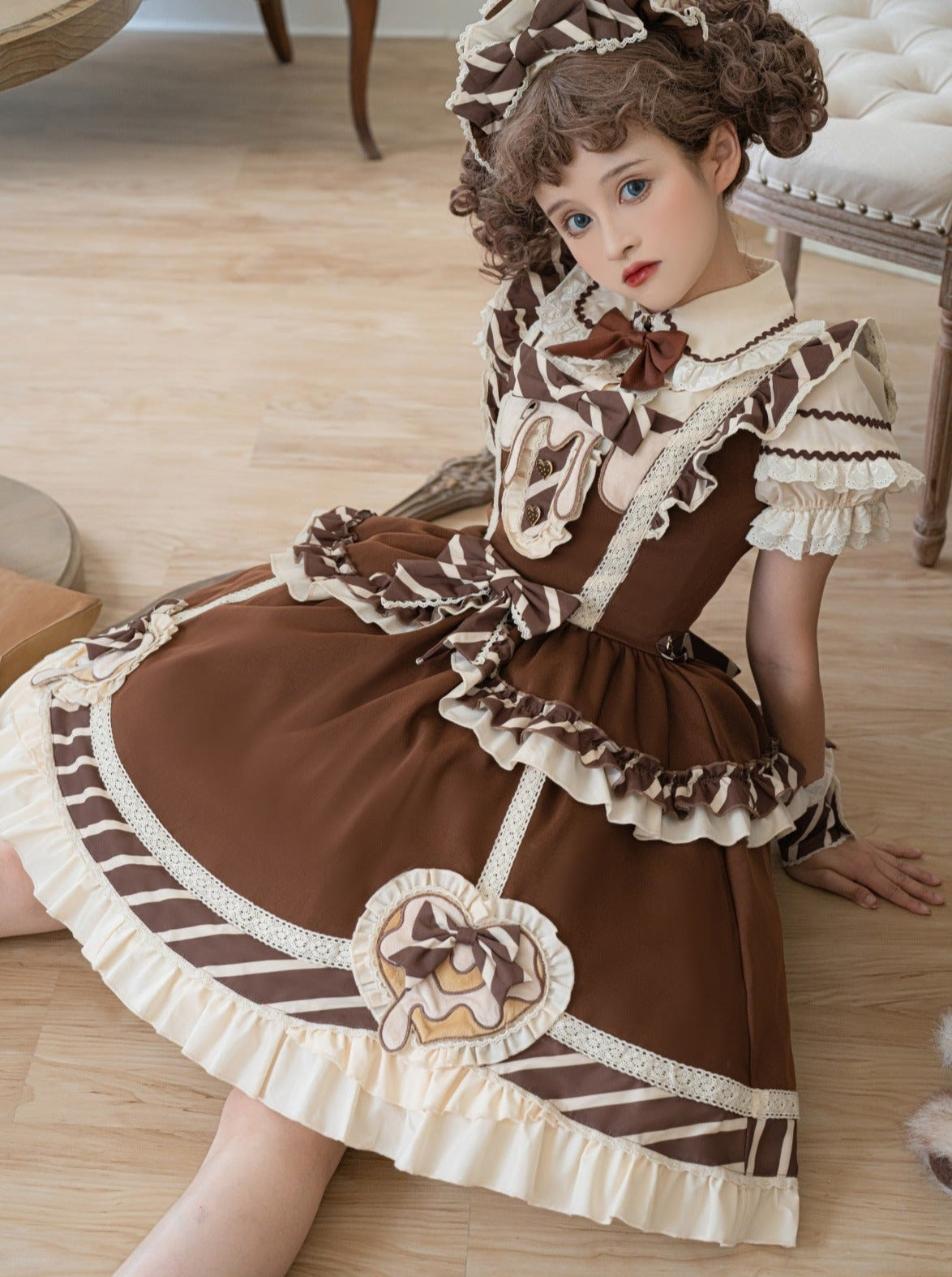 Süße Rüsche + Blusenrock Armwärmer Schokolade + Spitzenband Catsuit + Short Lolita