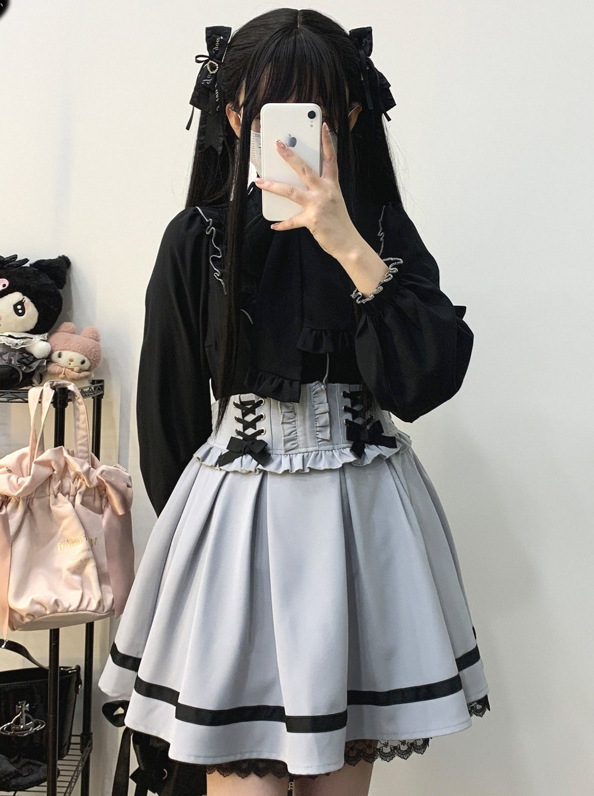 Color Sleep Frill Stand Volume Ribbon Shirt