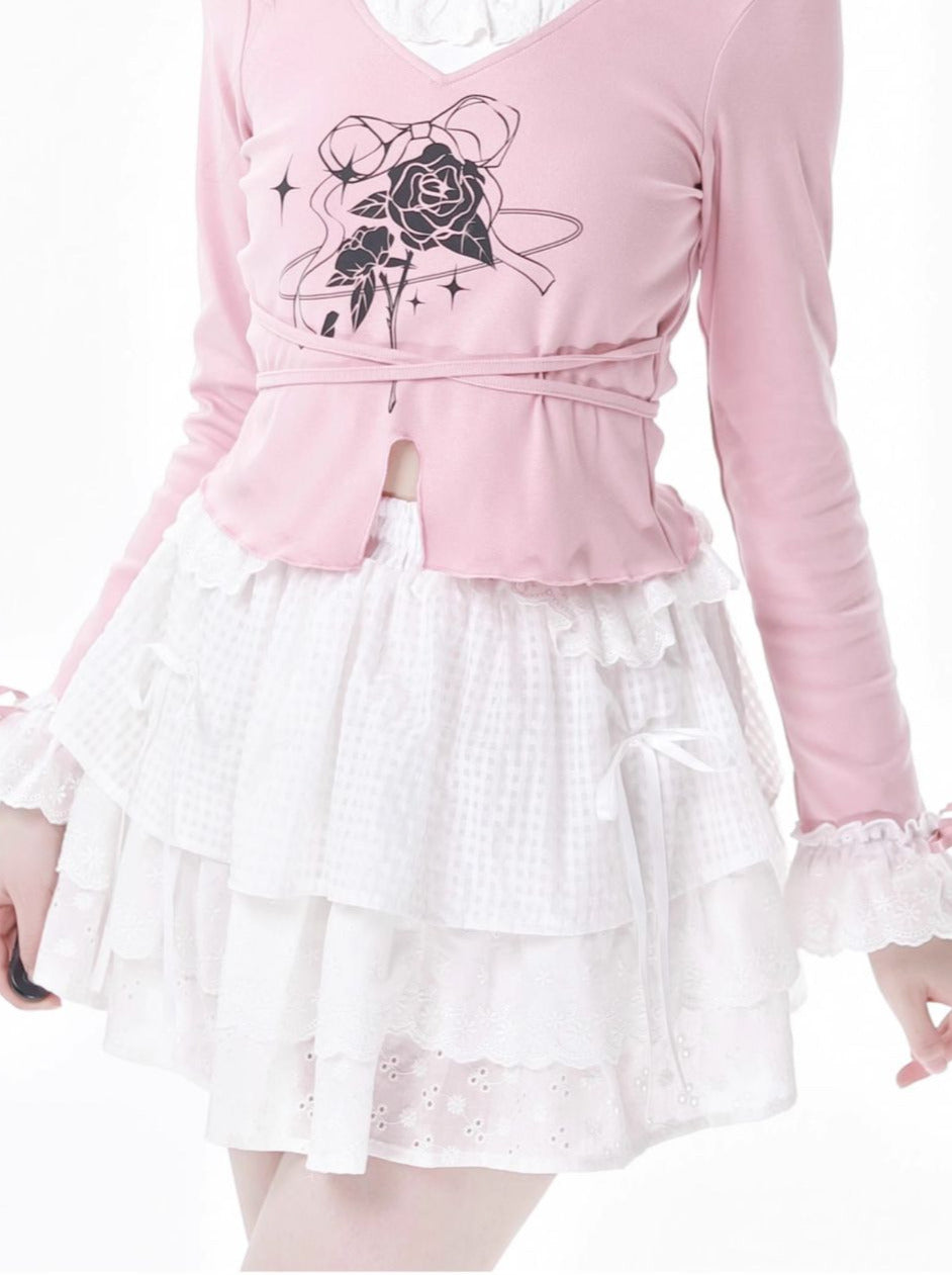 レーストップ、ホワイト、ガーリーフラワースカートセットデザイン、ピンク