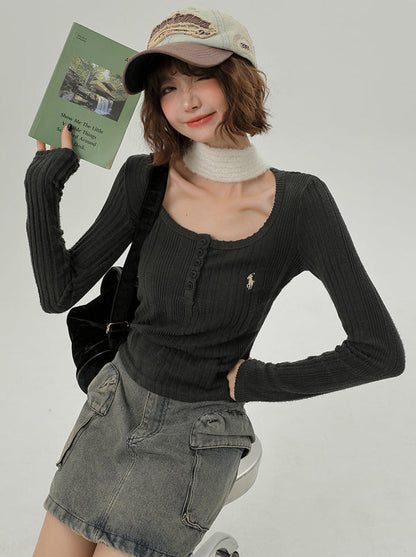 T-Stil, langer U-Ausschnitt, koreanisch