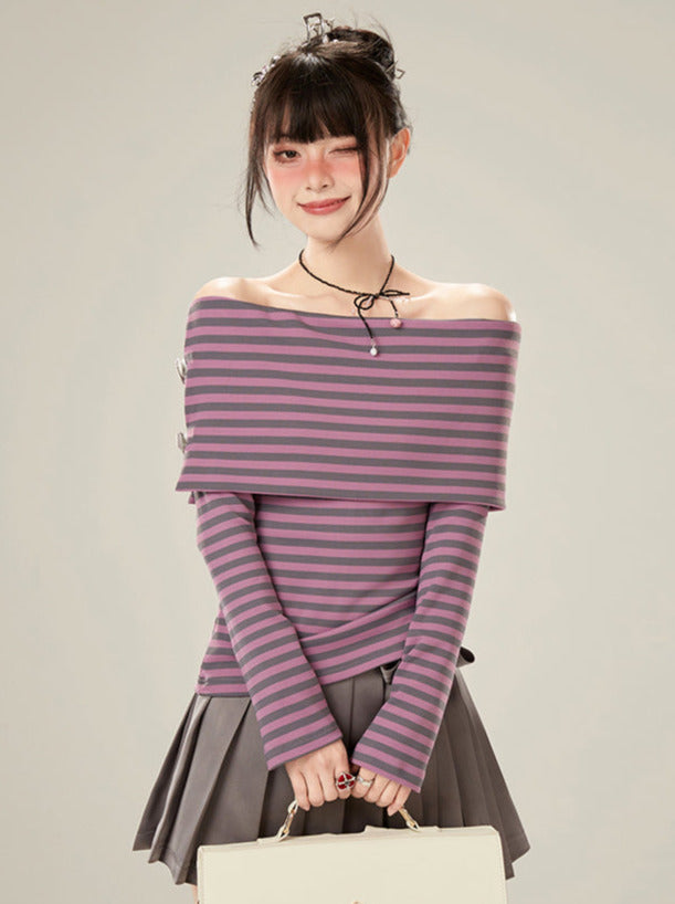 T Lila Off-the-shoulder Long Stripe
