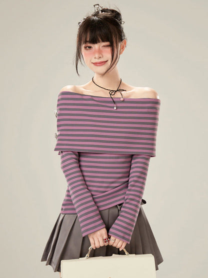 T Lila Off-the-shoulder Long Stripe