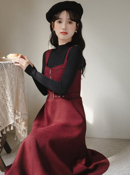 スリムニット レトロハーフ＋サスペンダー タートルネックスカート