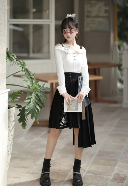 Top Schnalle Taille Asymmetrische Rock + Große Schleife Off-Shoulder China Hohe