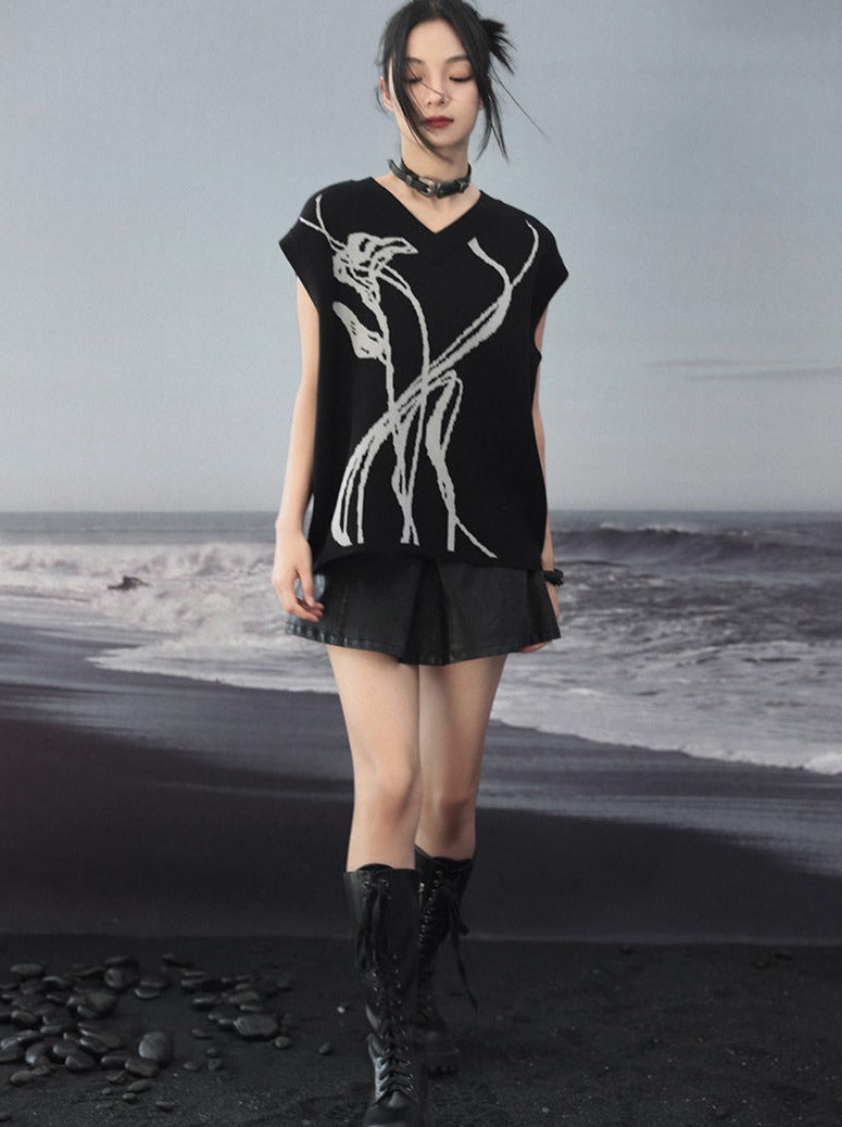 Knit Vest Flower Loose Contrast